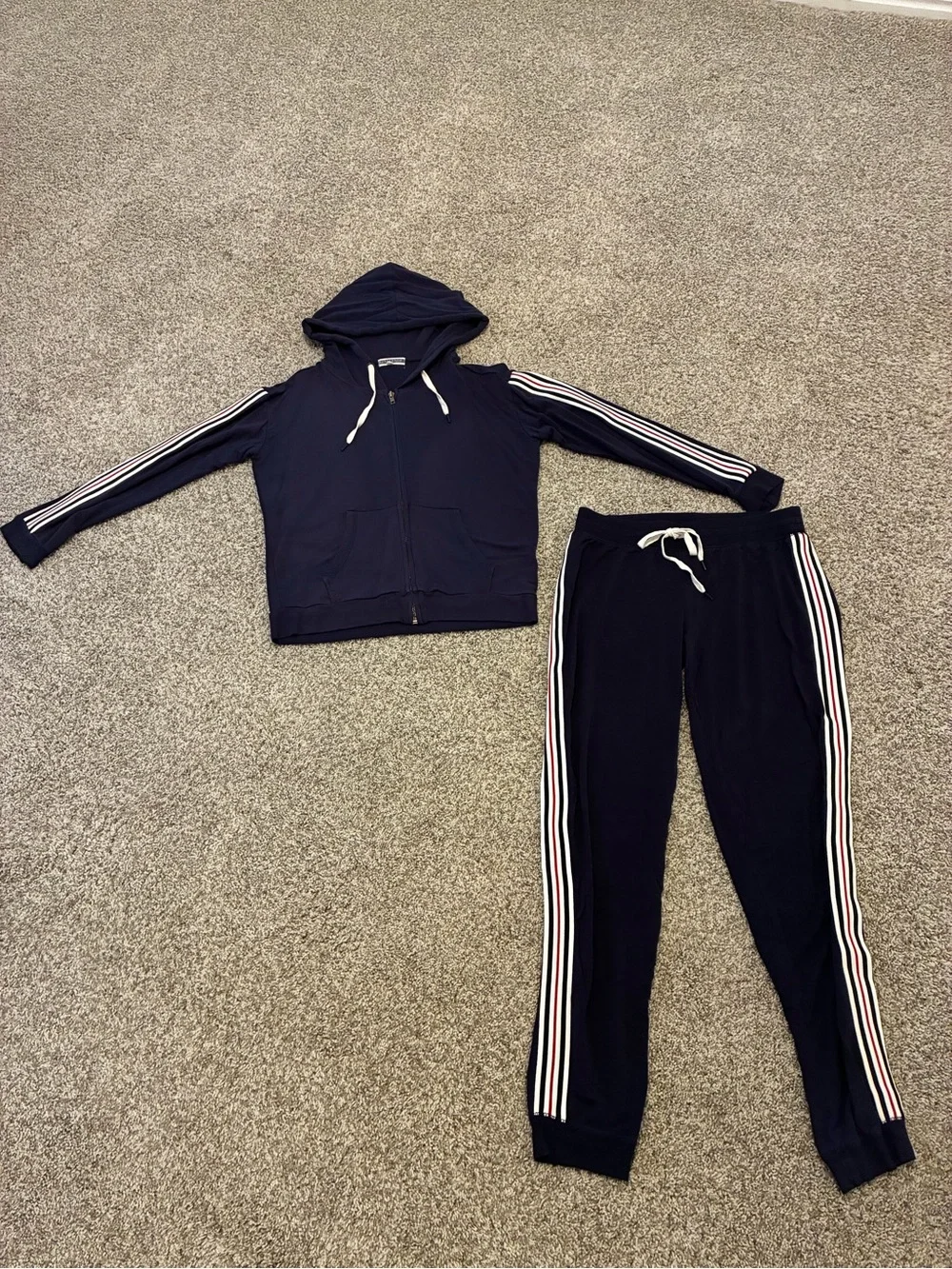PJ Salvage Navy Hooded Track Jacket & Striped Joggers Lounge Set (XS/S)
